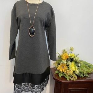Rochie gri cu piele și dantelă - imagine 1